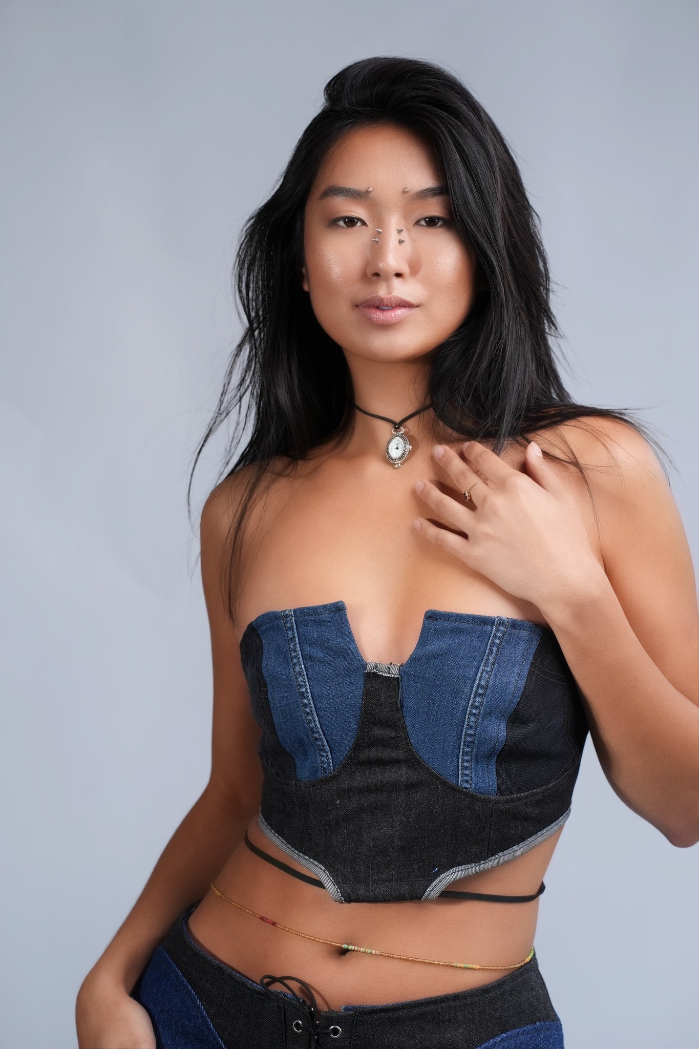 RECYCLED DENIM DIAMOND TOP BLACK & BLUE