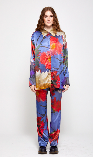 Pop Up silk button up shirt and pant set in blue and red