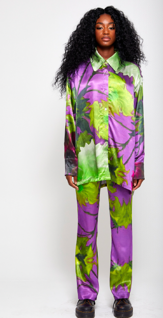 Pop Up silk button up shirt and pant set in green and purple
